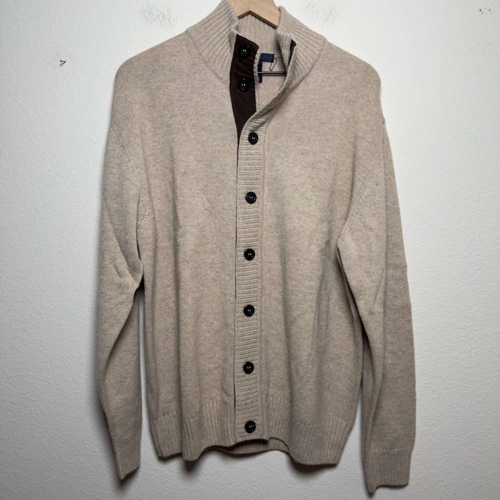NEW Enzo Mantovani Mens 100% Cashmere Cardigan L Beige Mock Neck Button Up Italy